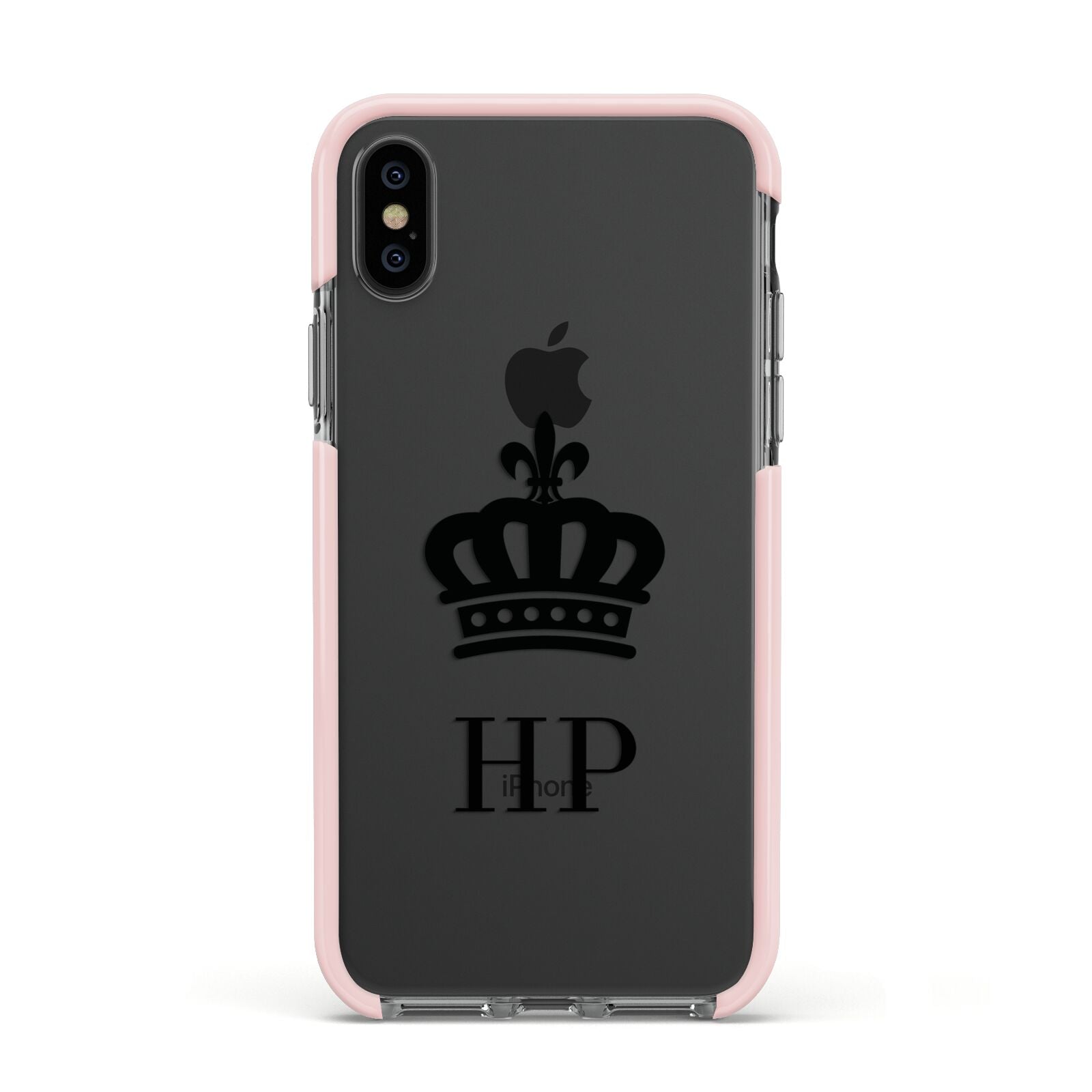 Personalised Black Crown Initials Clear Apple iPhone Xs Impact Case Pink Edge on Black Phone