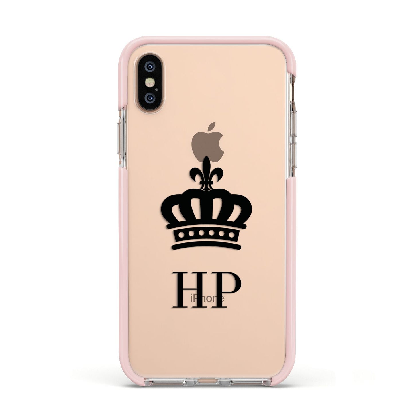 Personalised Black Crown Initials Clear Apple iPhone Xs Impact Case Pink Edge on Gold Phone