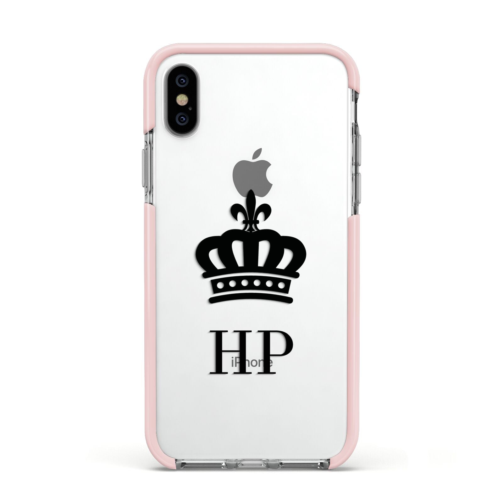 Personalised Black Crown Initials Clear Apple iPhone Xs Impact Case Pink Edge on Silver Phone