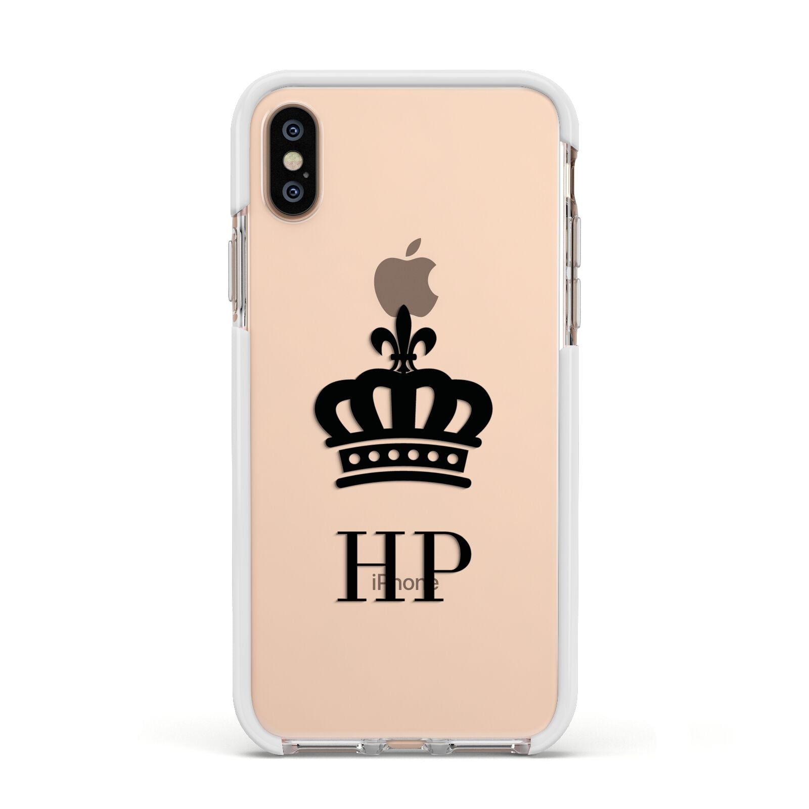 Personalised Black Crown Initials Clear Apple iPhone Xs Impact Case White Edge on Gold Phone