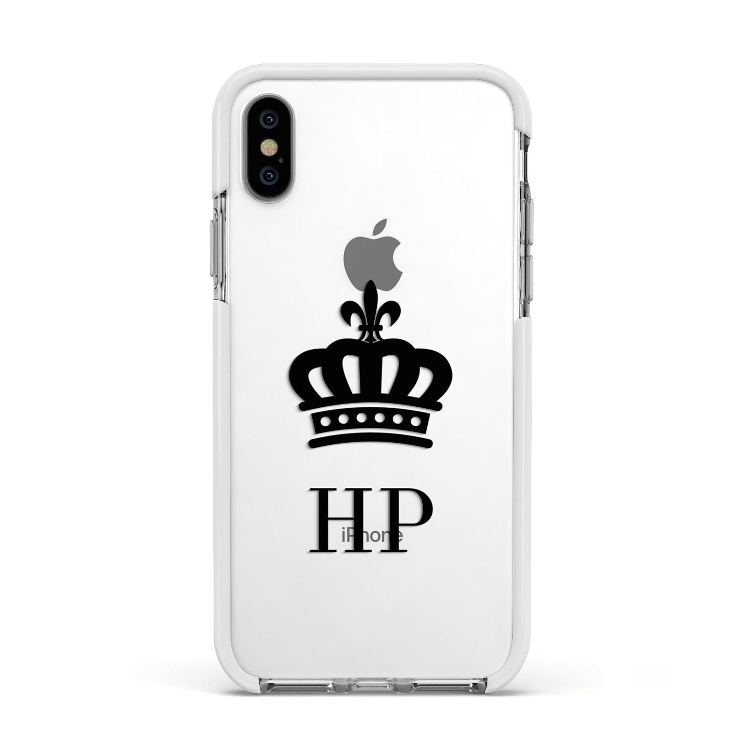 Personalised Black Crown Initials Clear Apple iPhone Xs Impact Case White Edge on Silver Phone