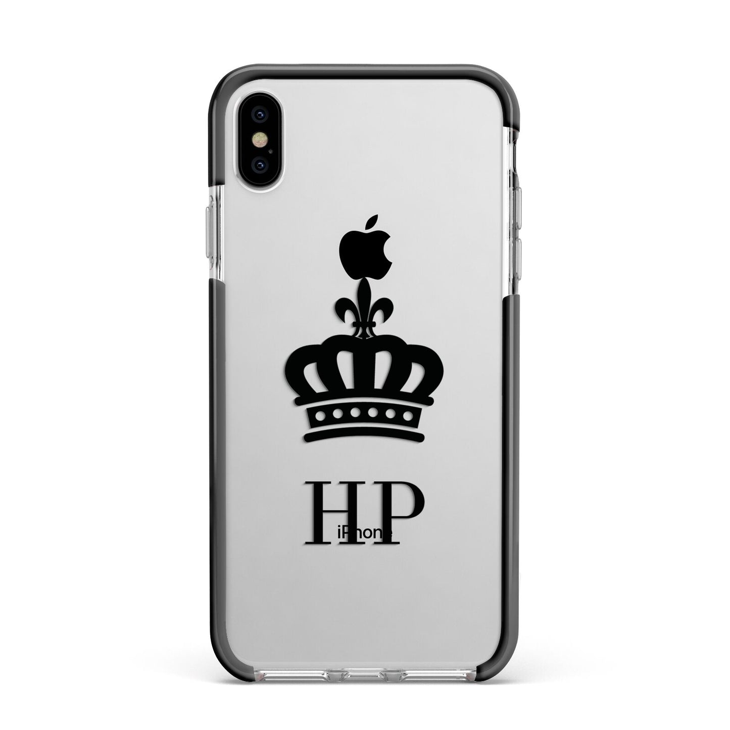 Personalised Black Crown Initials Clear Apple iPhone Xs Max Impact Case Black Edge on Silver Phone