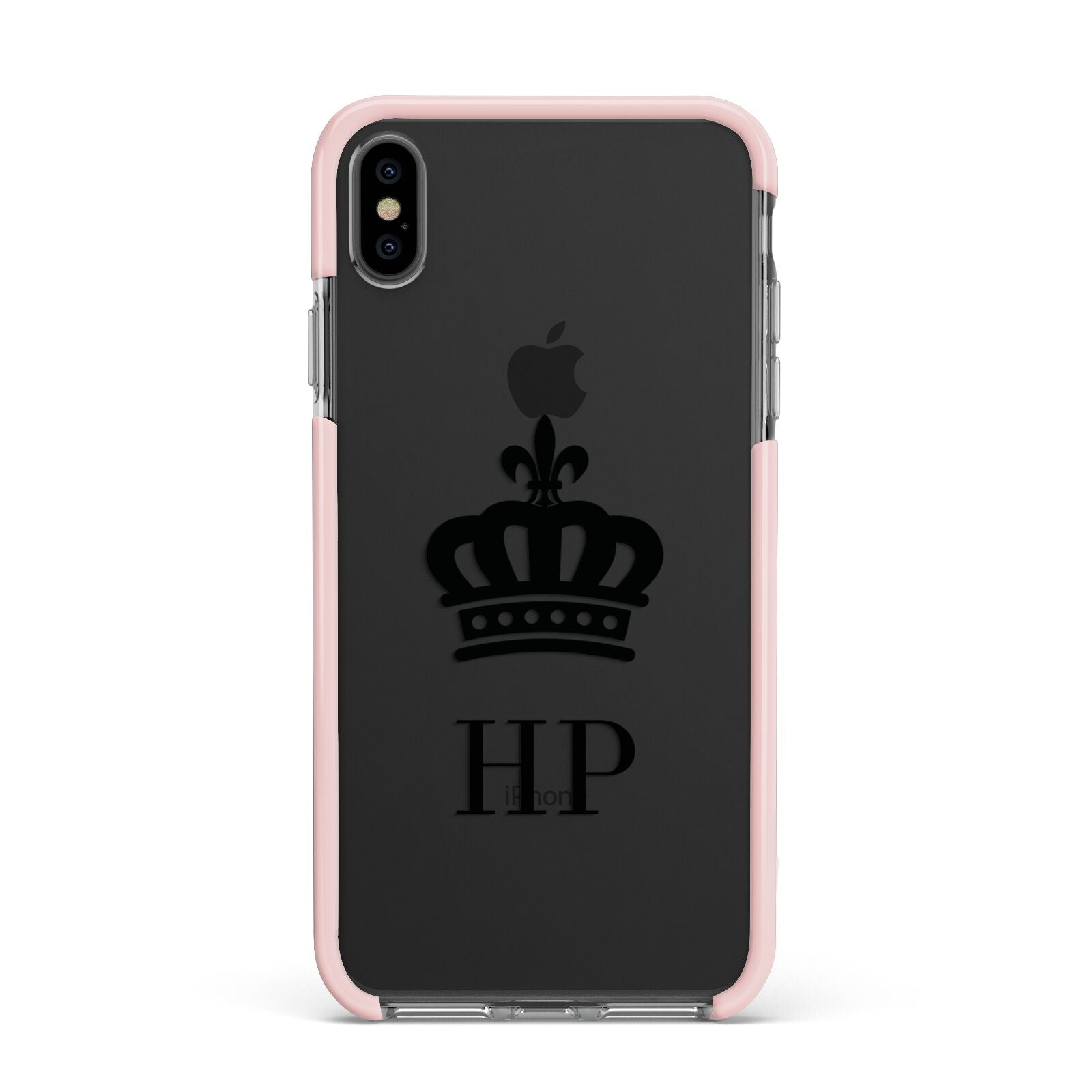 Personalised Black Crown Initials Clear Apple iPhone Xs Max Impact Case Pink Edge on Black Phone