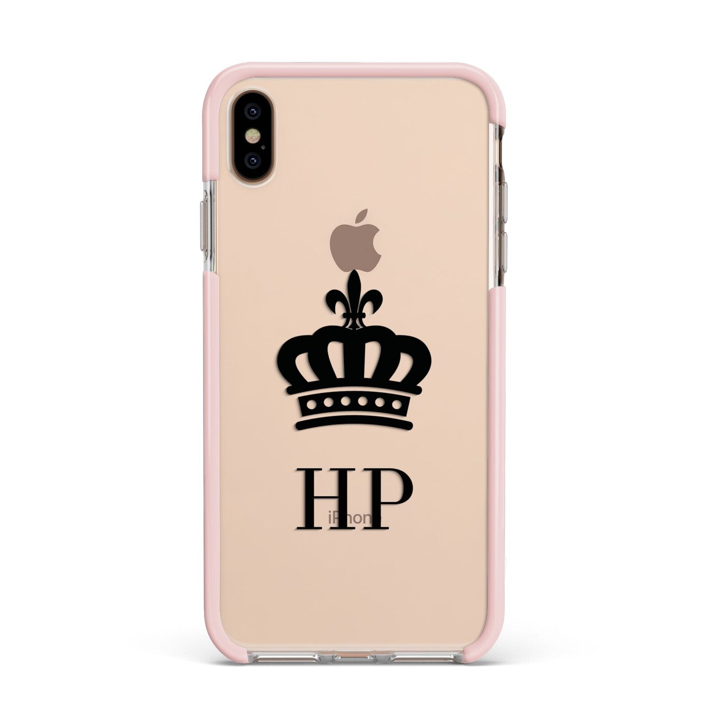 Personalised Black Crown Initials Clear Apple iPhone Xs Max Impact Case Pink Edge on Gold Phone