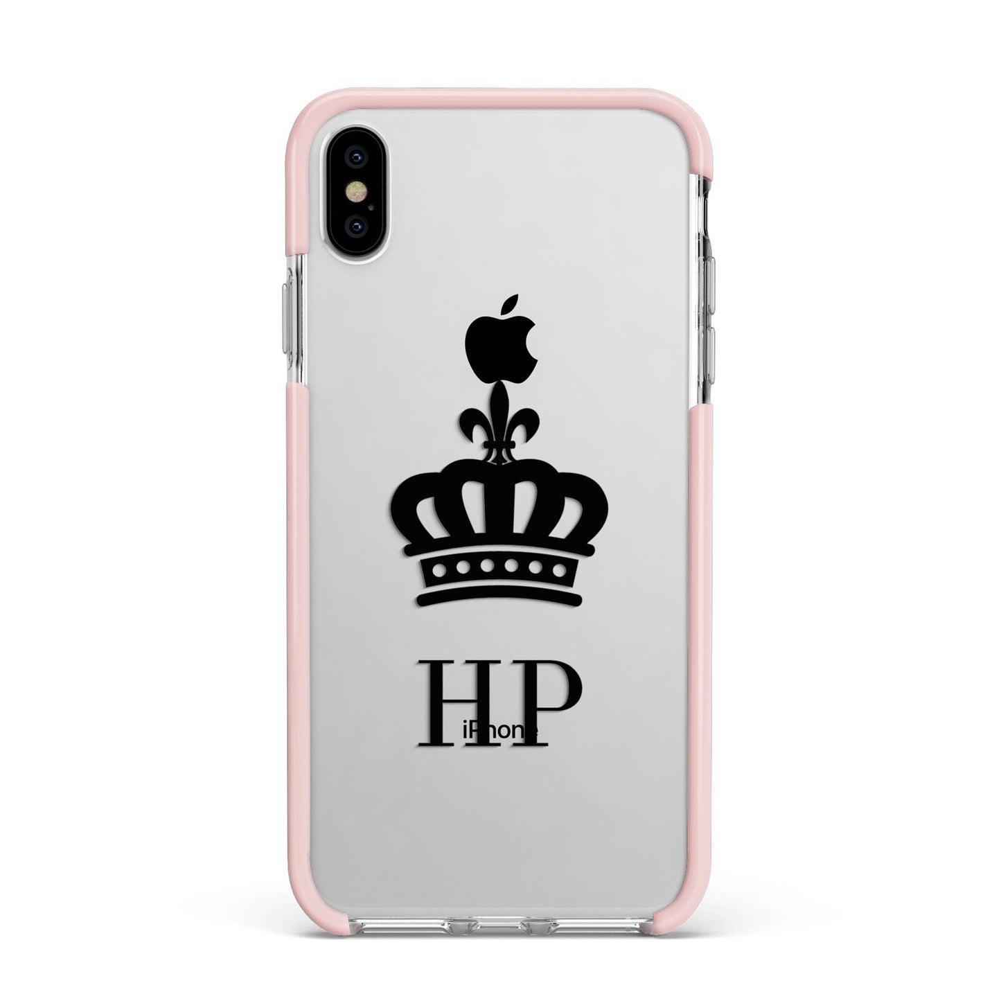 Personalised Black Crown Initials Clear Apple iPhone Xs Max Impact Case Pink Edge on Silver Phone