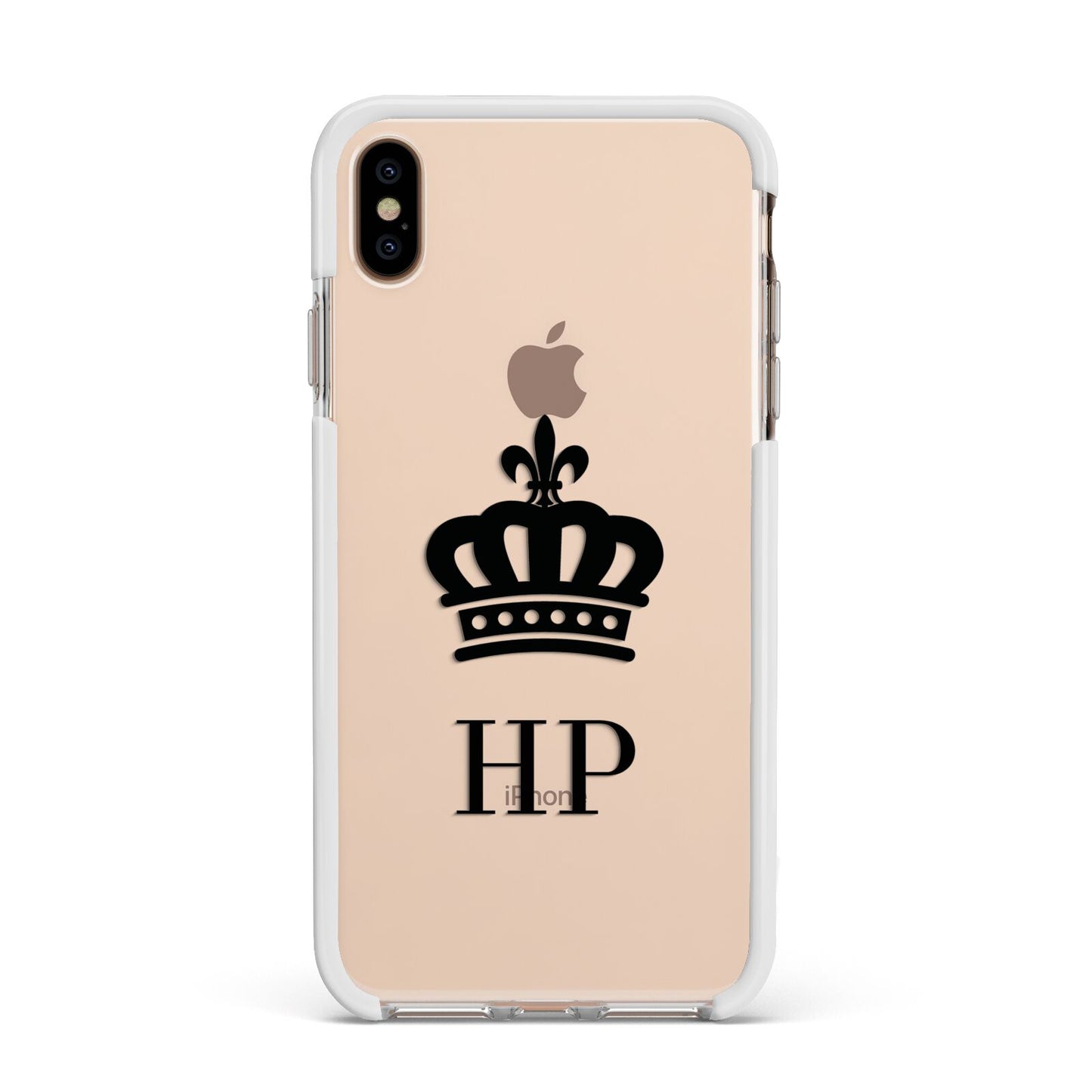 Personalised Black Crown Initials Clear Apple iPhone Xs Max Impact Case White Edge on Gold Phone