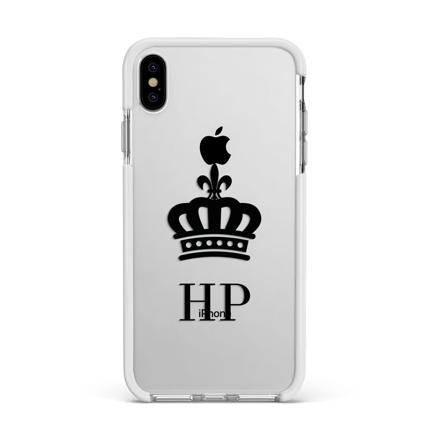 Personalised Black Crown Initials Clear Apple iPhone Xs Max Impact Case White Edge on Silver Phone