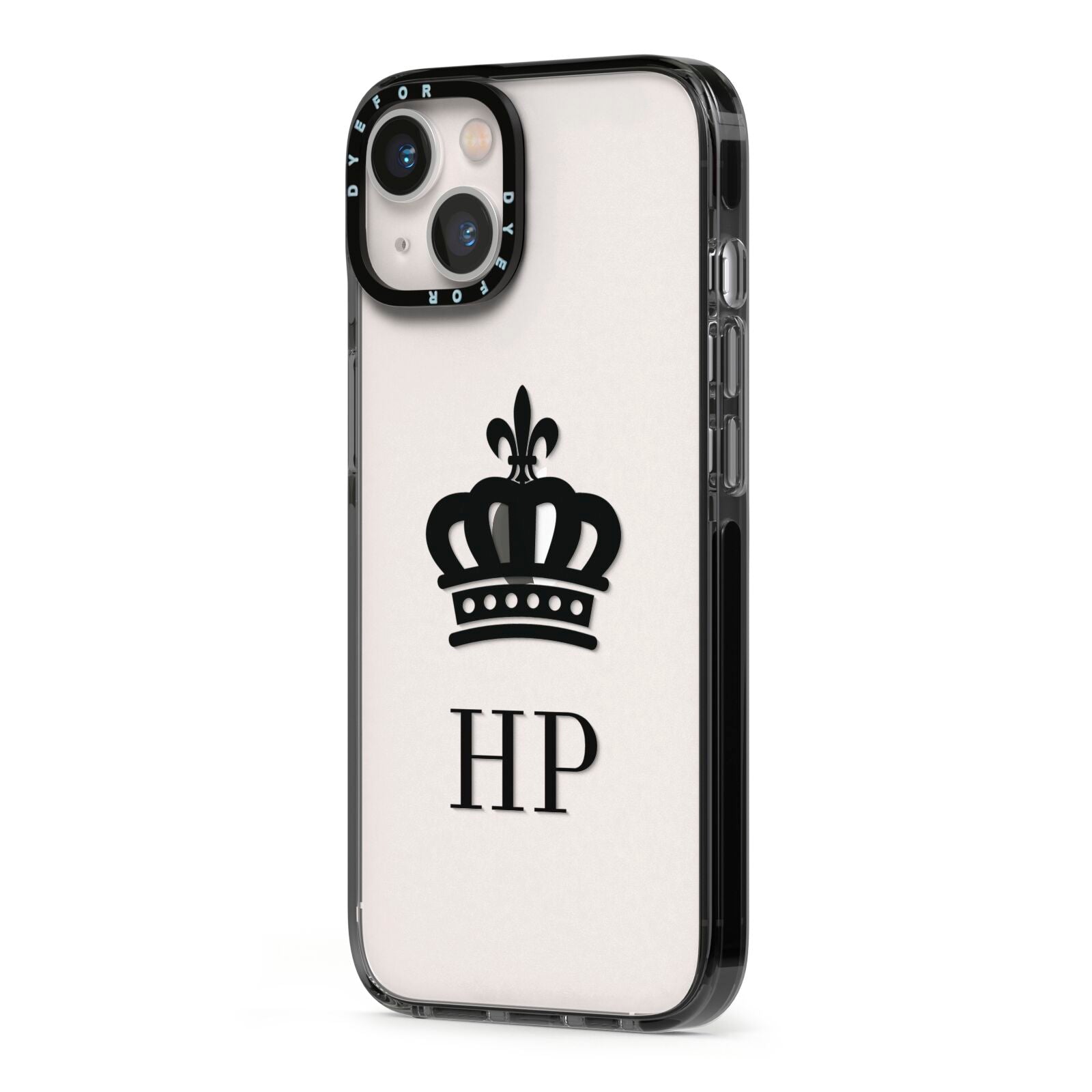 Personalised Black Crown Initials Clear iPhone 13 Black Impact Case Side Angle on Silver phone