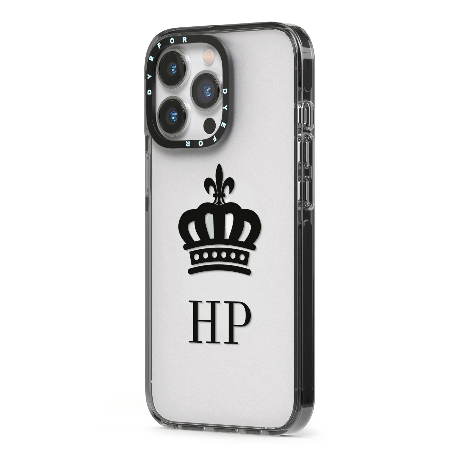 Personalised Black Crown Initials Clear iPhone 13 Pro Black Impact Case Side Angle on Silver phone