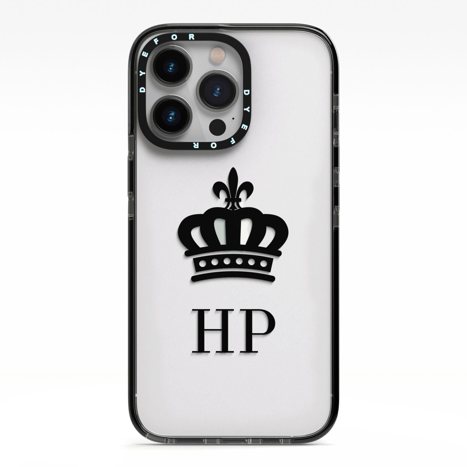 Personalised Black Crown Initials Clear iPhone 13 Pro Black Impact Case on Silver phone