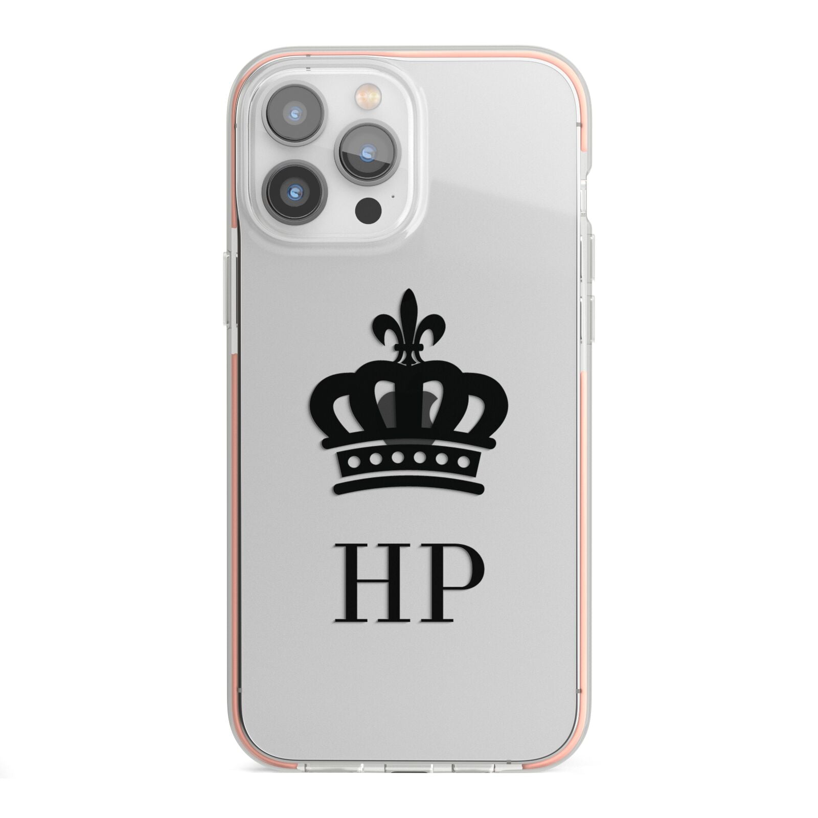 Personalised Black Crown Initials Clear iPhone 13 Pro Max TPU Impact Case with Pink Edges