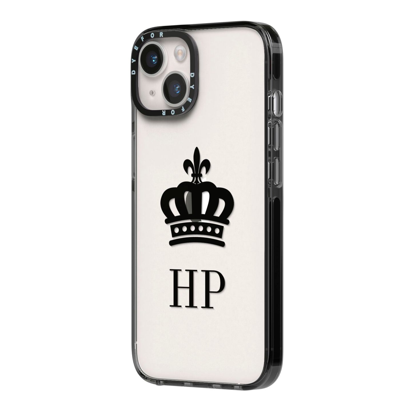 Personalised Black Crown Initials Clear iPhone 14 Black Impact Case Side Angle on Silver phone