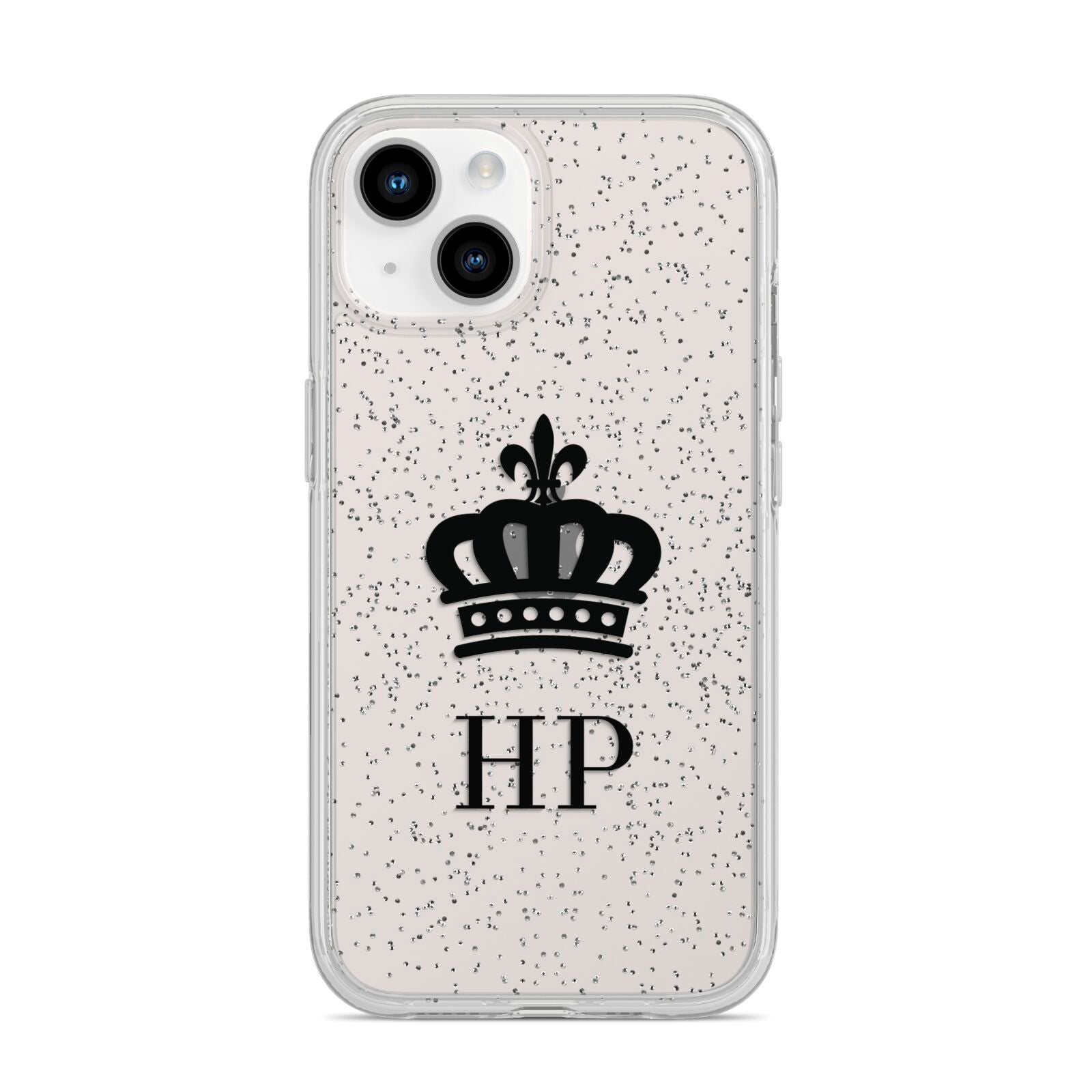 Personalised Black Crown Initials Clear iPhone 14 Glitter Tough Case Starlight