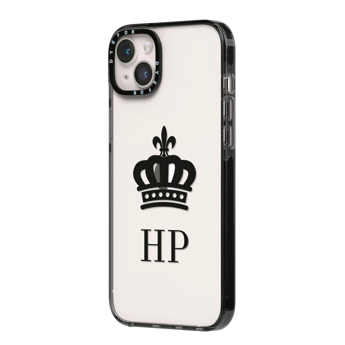 Personalised Black Crown Initials Clear iPhone 14 Plus Black Impact Case Side Angle on Silver phone