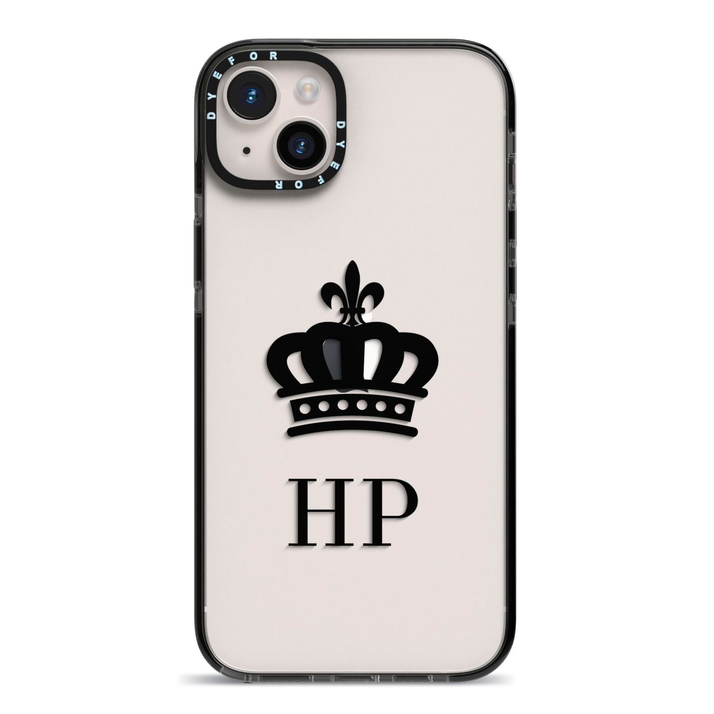 Personalised Black Crown Initials Clear iPhone 14 Plus Black Impact Case on Silver phone