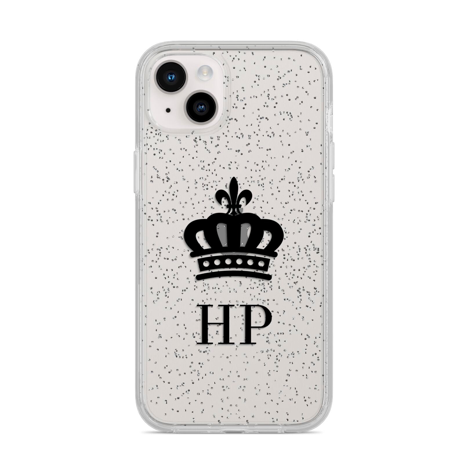 Personalised Black Crown Initials Clear iPhone 14 Plus Glitter Tough Case Starlight