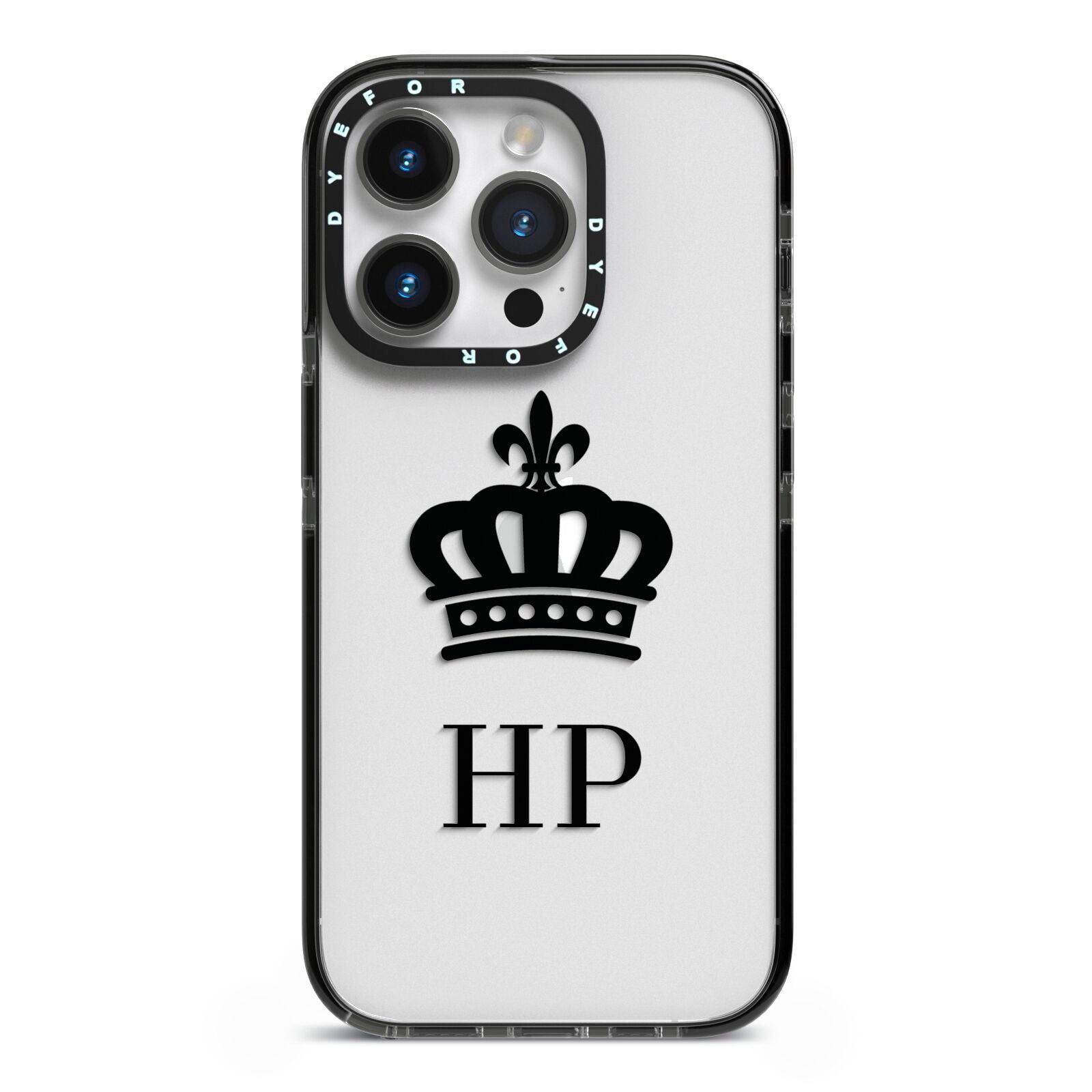 Personalised Black Crown Initials Clear iPhone 14 Pro Black Impact Case on Silver phone