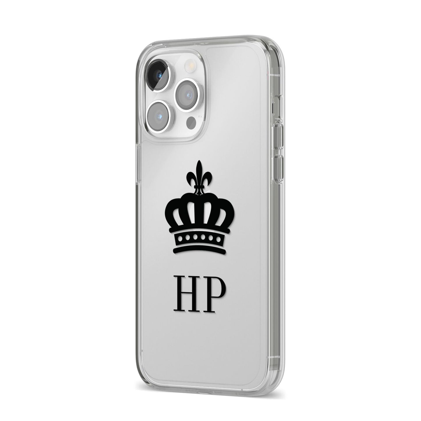 Personalised Black Crown Initials Clear iPhone 14 Pro Max Clear Tough Case Silver Angled Image