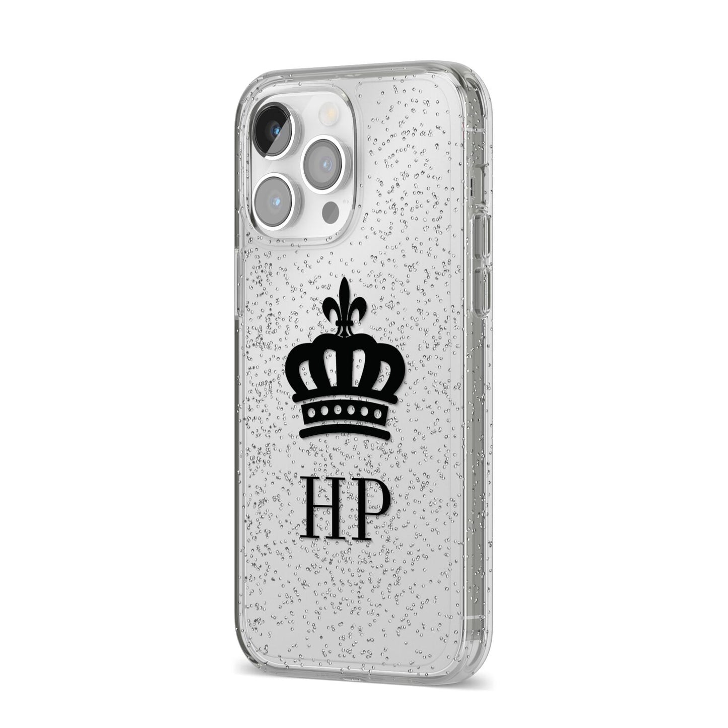 Personalised Black Crown Initials Clear iPhone 14 Pro Max Glitter Tough Case Silver Angled Image