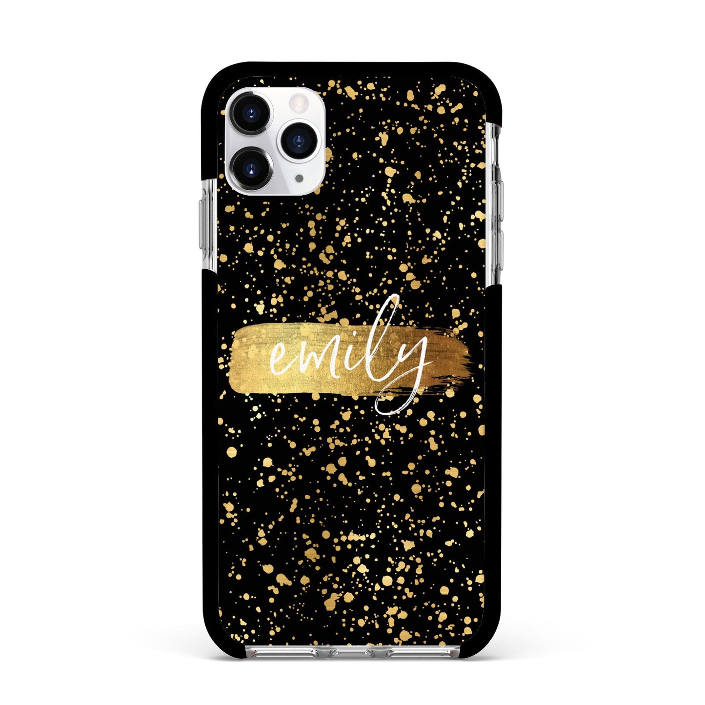 Personalised Black Gold Ink Splat Name Apple iPhone 11 Pro Max in Silver with Black Impact Case