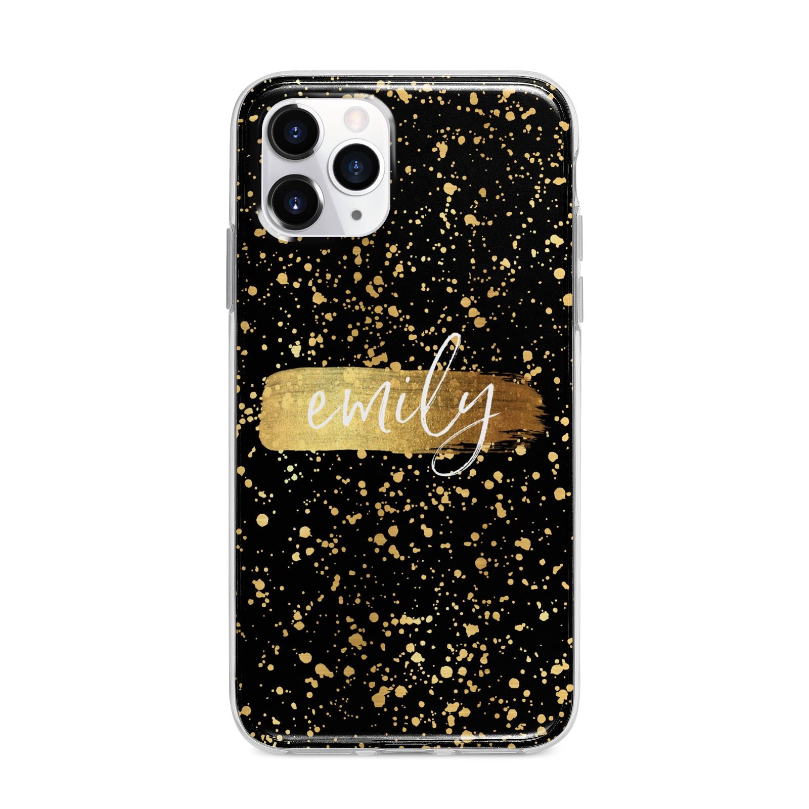 Personalised Black Gold Ink Splat Name Apple iPhone 11 Pro Max in Silver with Bumper Case