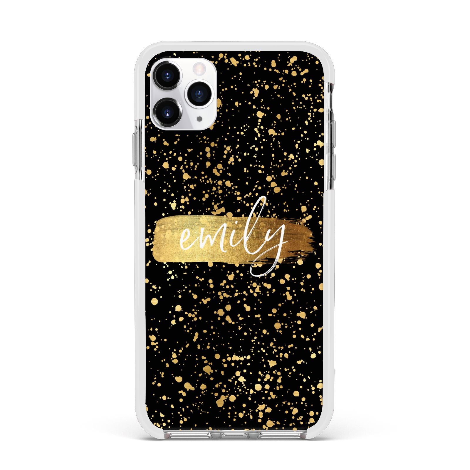 Personalised Black Gold Ink Splat Name Apple iPhone 11 Pro Max in Silver with White Impact Case