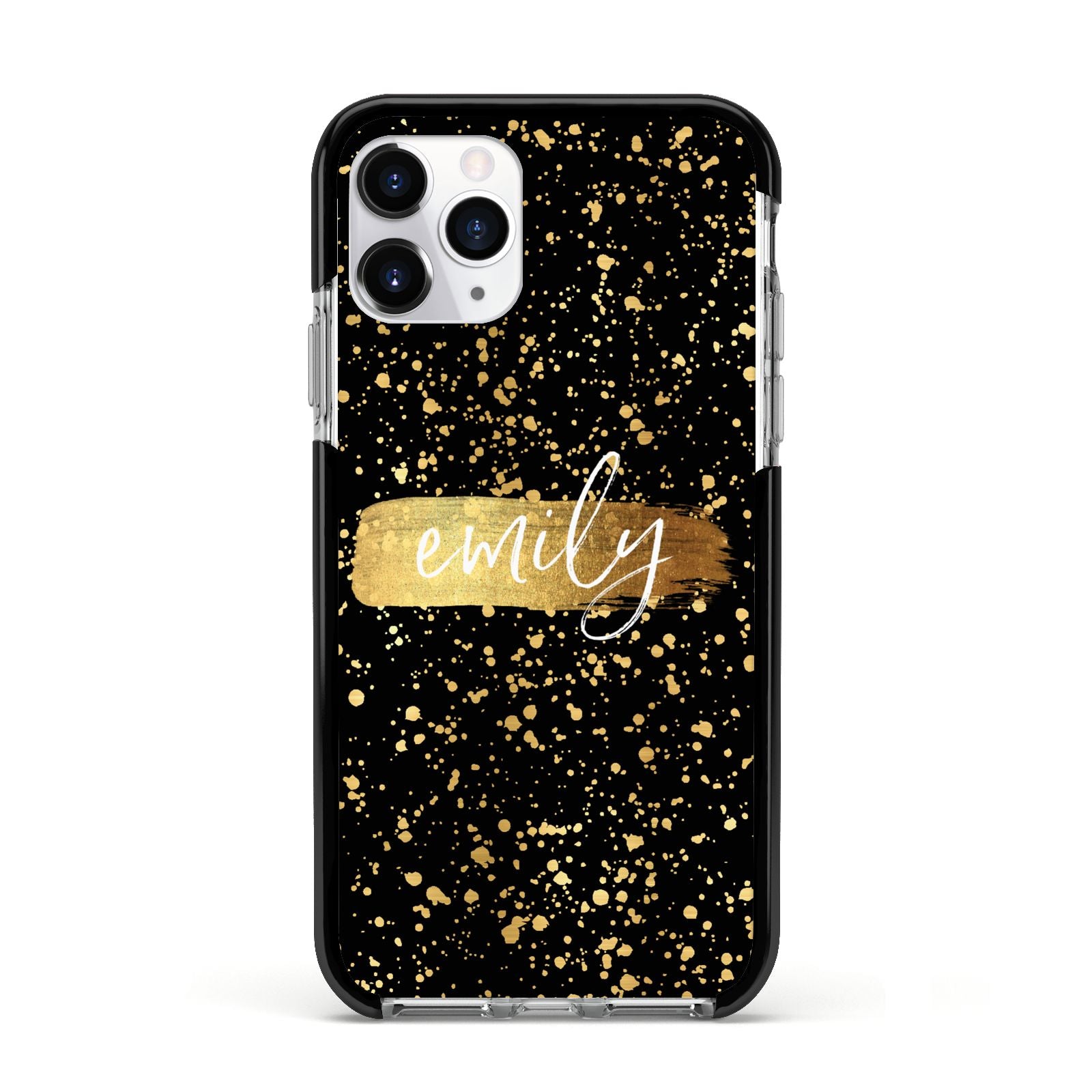 Personalised Black Gold Ink Splat Name Apple iPhone 11 Pro in Silver with Black Impact Case