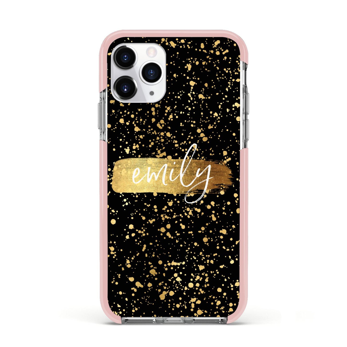 Personalised Black Gold Ink Splat Name Apple iPhone 11 Pro in Silver with Pink Impact Case