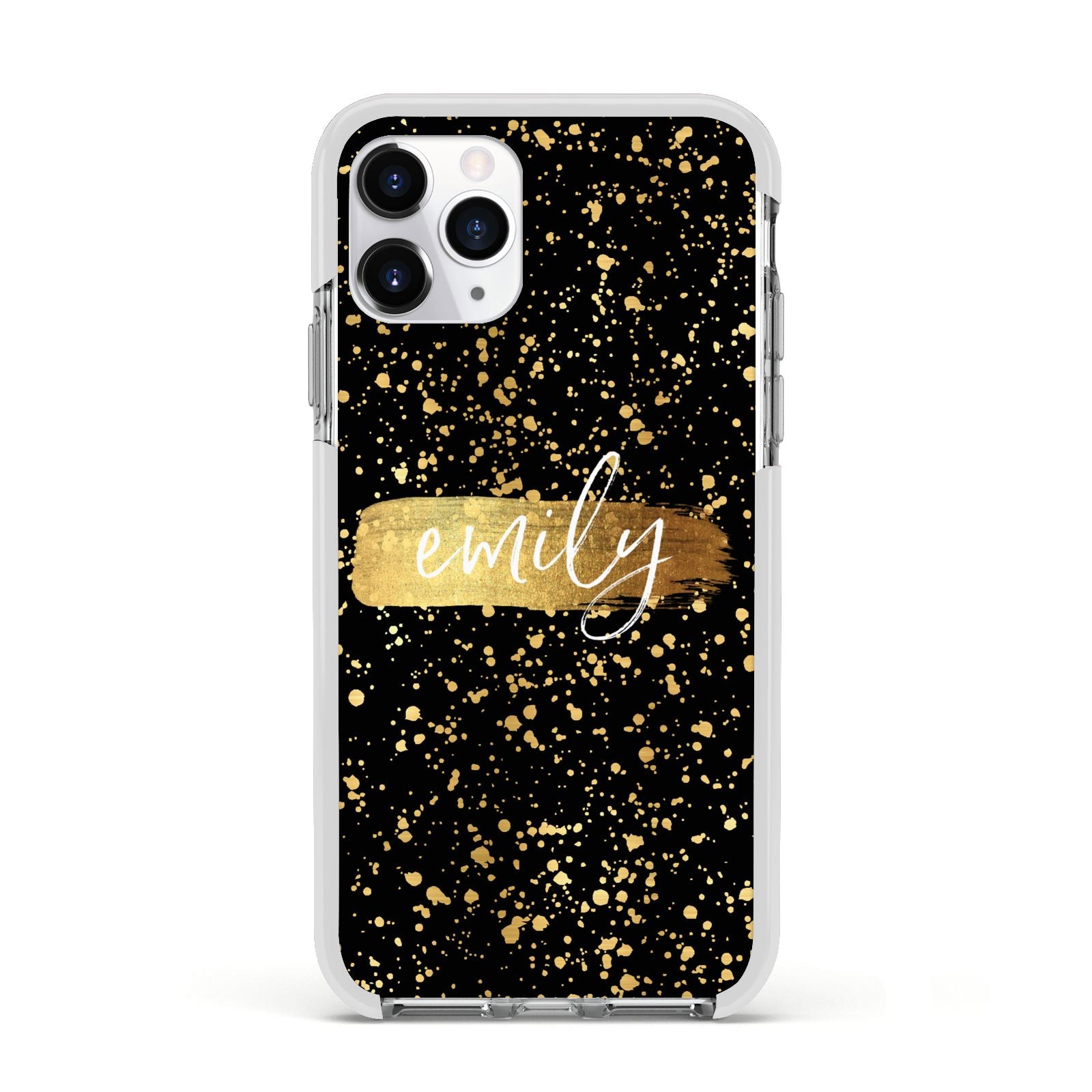 Personalised Black Gold Ink Splat Name Apple iPhone 11 Pro in Silver with White Impact Case