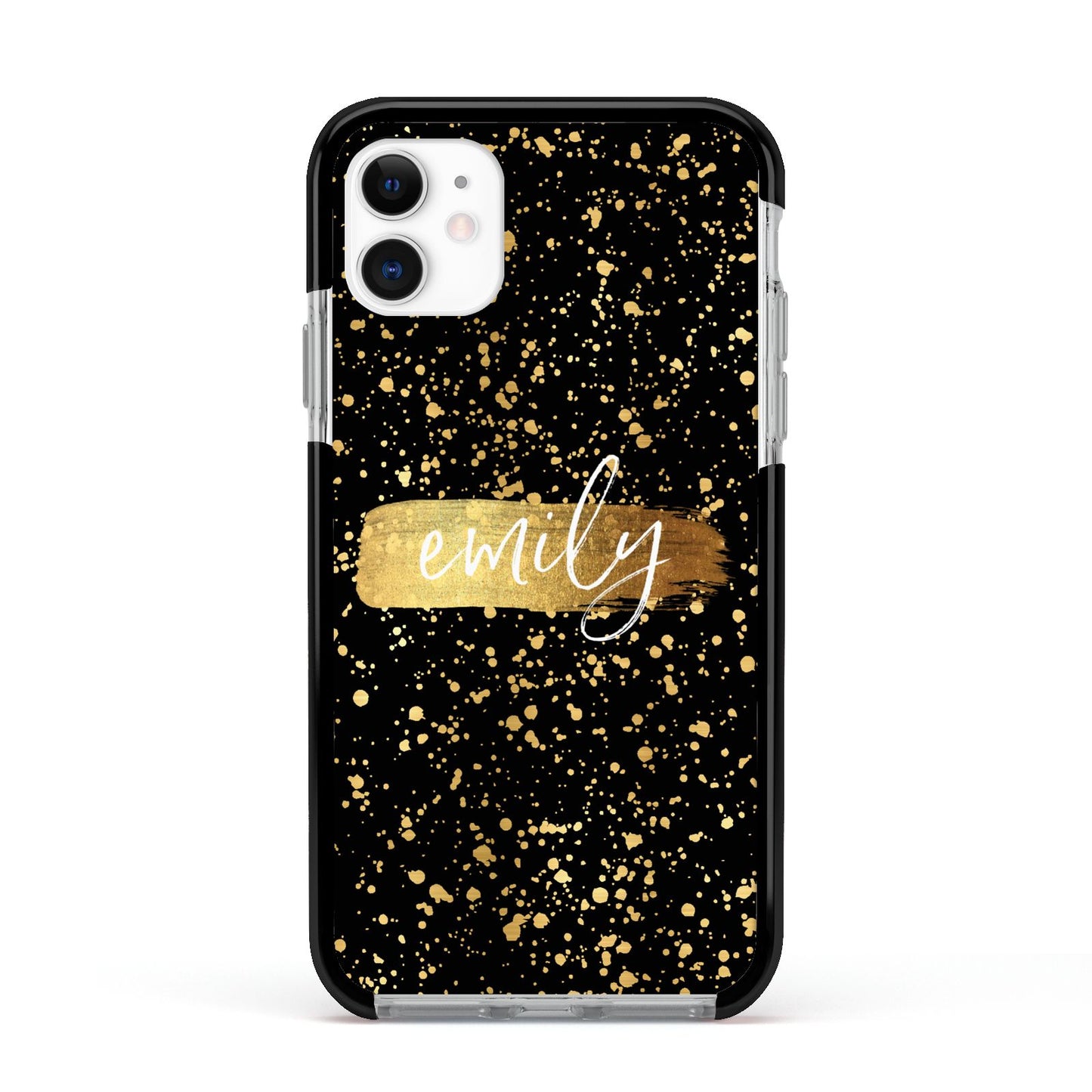 Personalised Black Gold Ink Splat Name Apple iPhone 11 in White with Black Impact Case