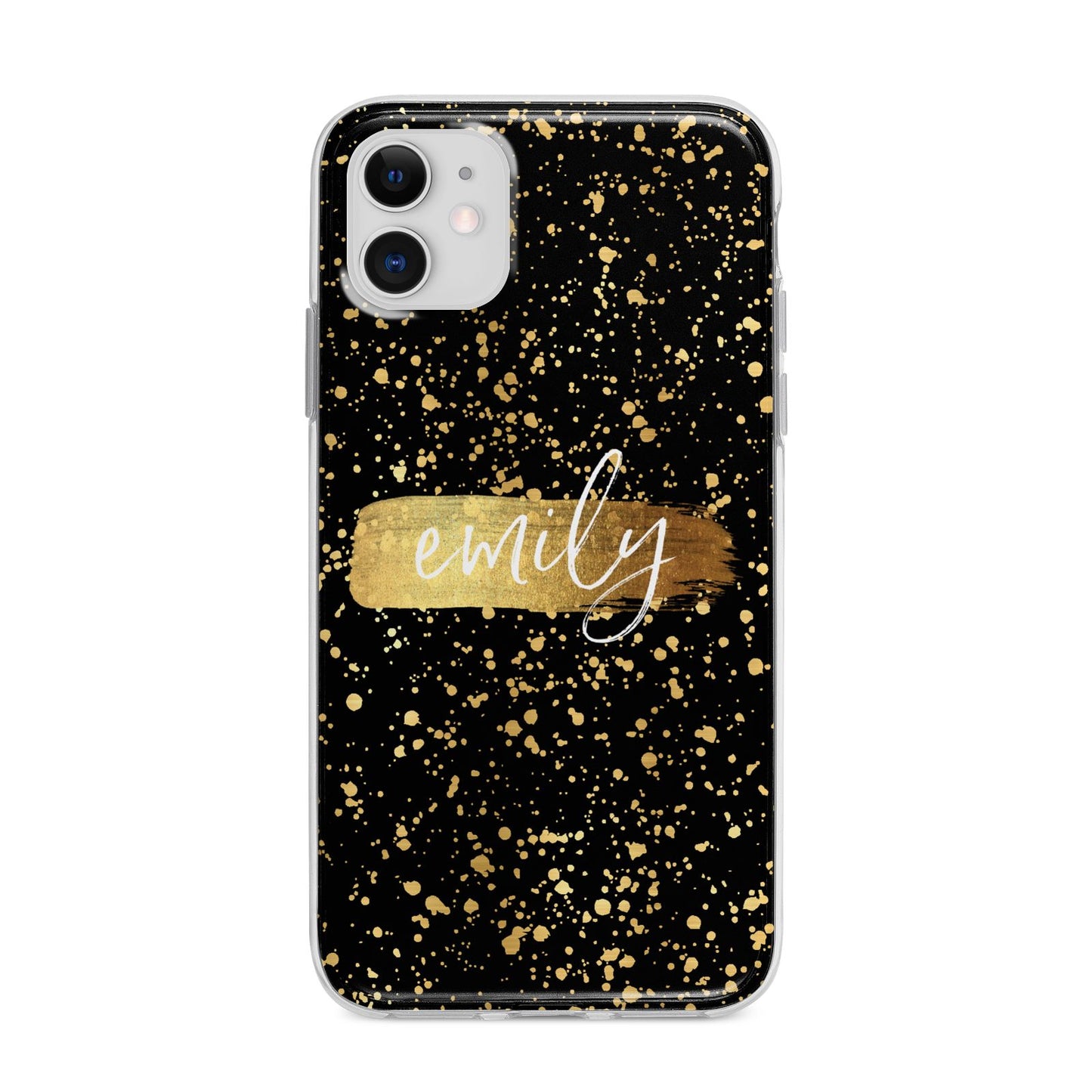 Personalised Black Gold Ink Splat Name Apple iPhone 11 in White with Bumper Case