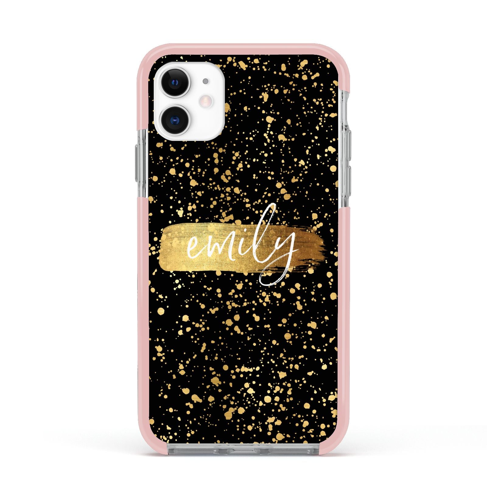 Personalised Black Gold Ink Splat Name Apple iPhone 11 in White with Pink Impact Case