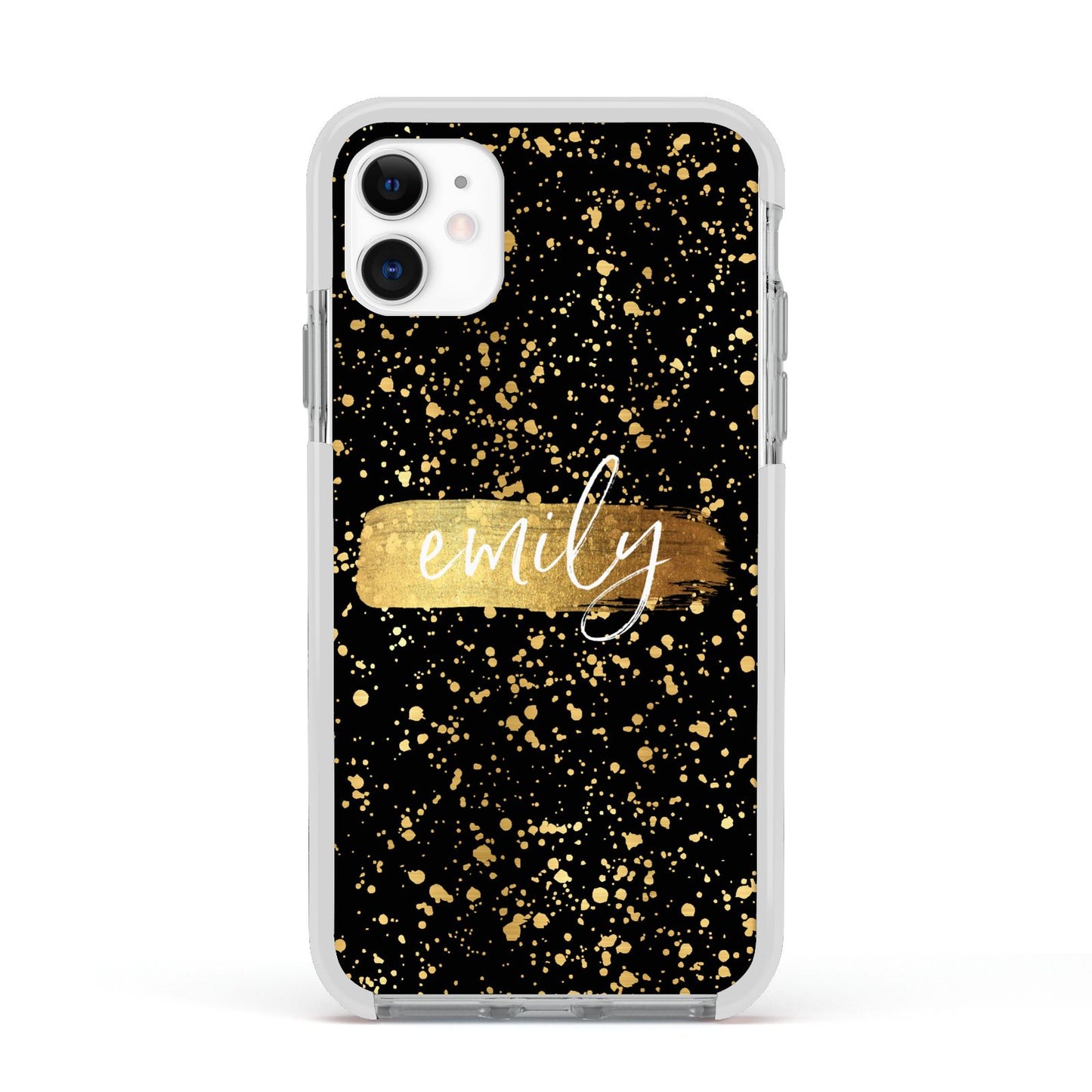 Personalised Black Gold Ink Splat Name Apple iPhone 11 in White with White Impact Case