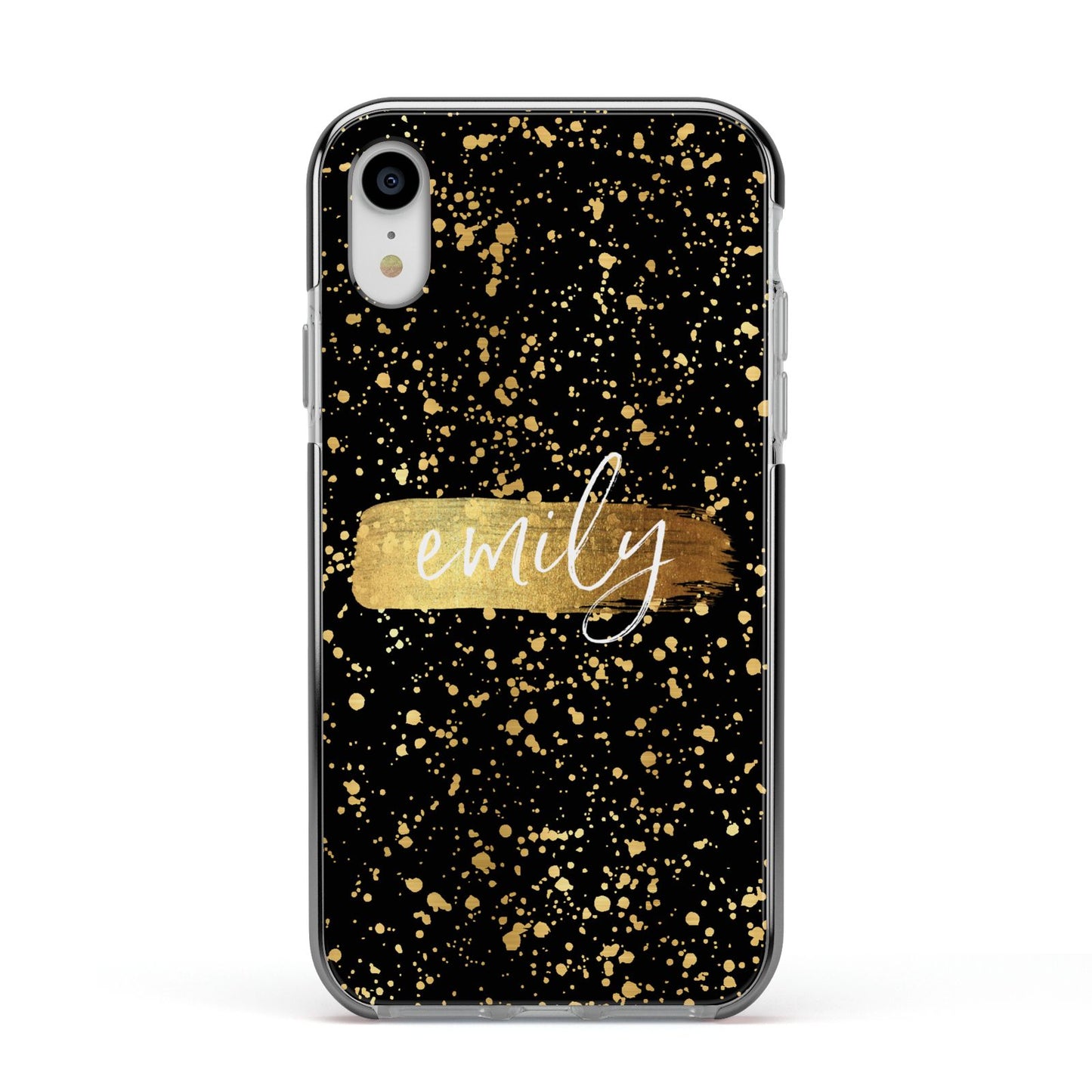 Personalised Black Gold Ink Splat Name Apple iPhone XR Impact Case Black Edge on Silver Phone