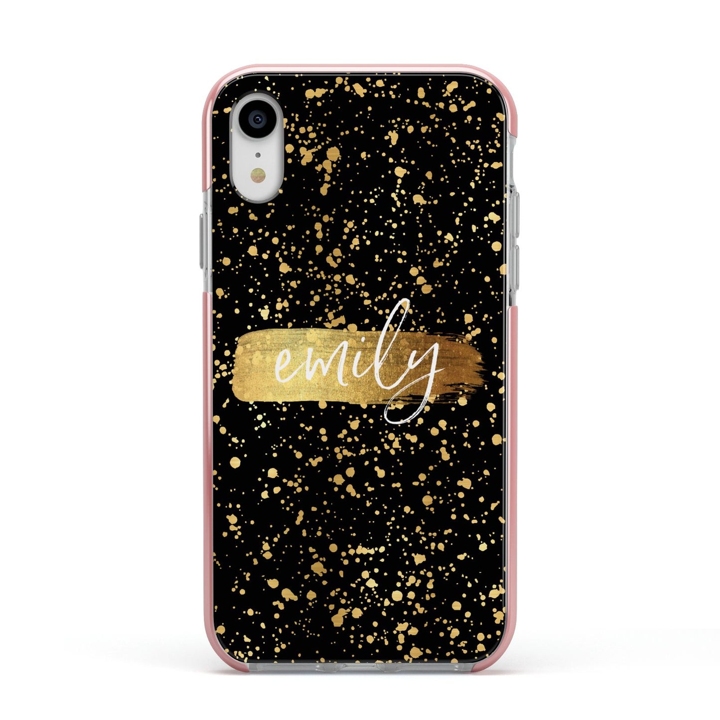 Personalised Black Gold Ink Splat Name Apple iPhone XR Impact Case Pink Edge on Silver Phone