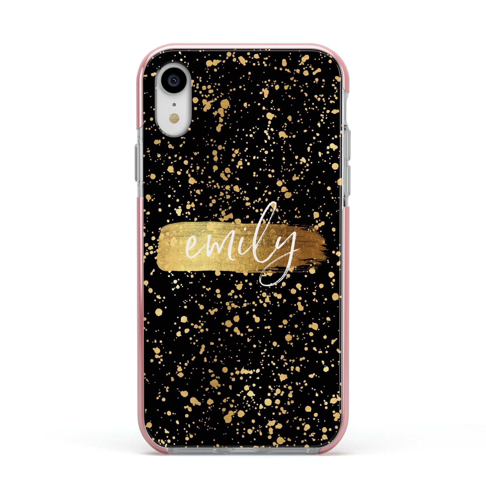 Personalised Black Gold Ink Splat Name Apple iPhone XR Impact Case Pink Edge on Silver Phone