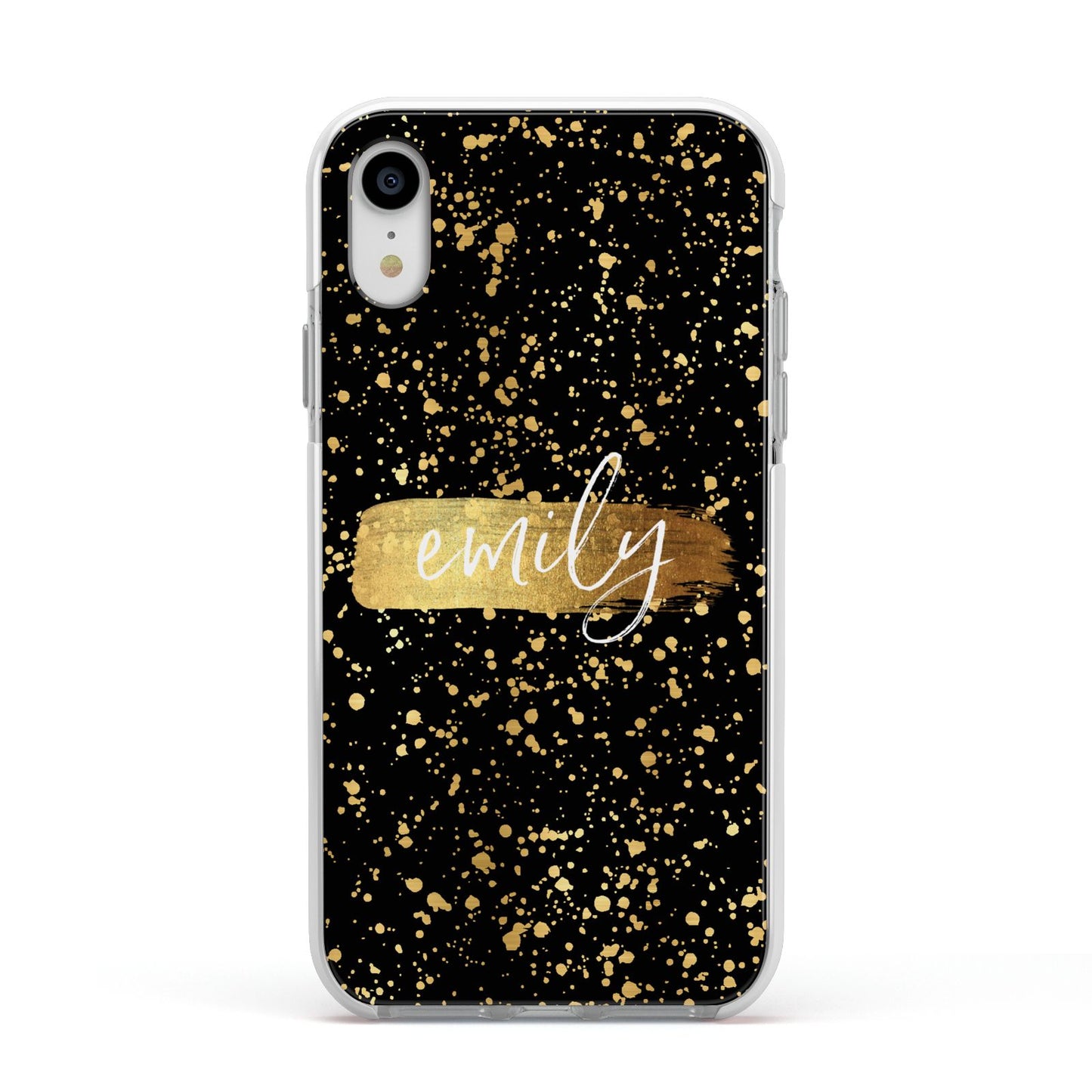 Personalised Black Gold Ink Splat Name Apple iPhone XR Impact Case White Edge on Silver Phone