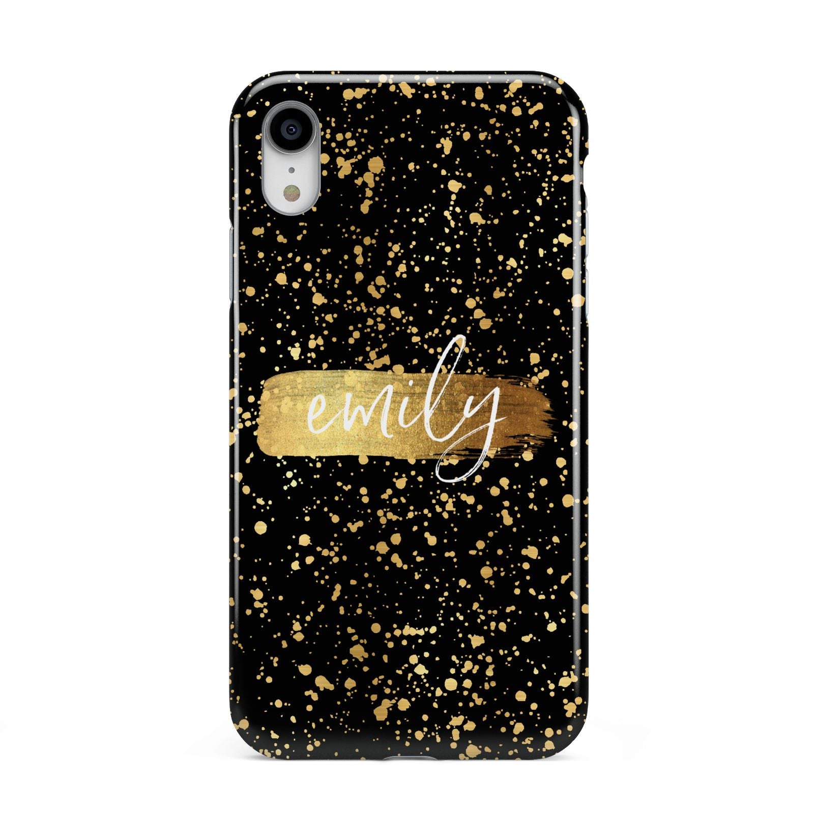 Personalised Black Gold Ink Splat Name Apple iPhone XR White 3D Tough Case