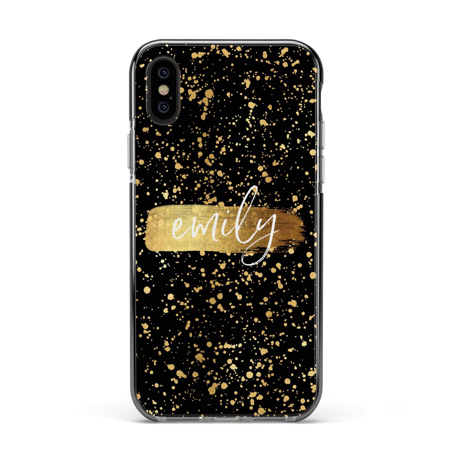 Personalised Black Gold Ink Splat Name Apple iPhone Xs Impact Case Black Edge on Black Phone