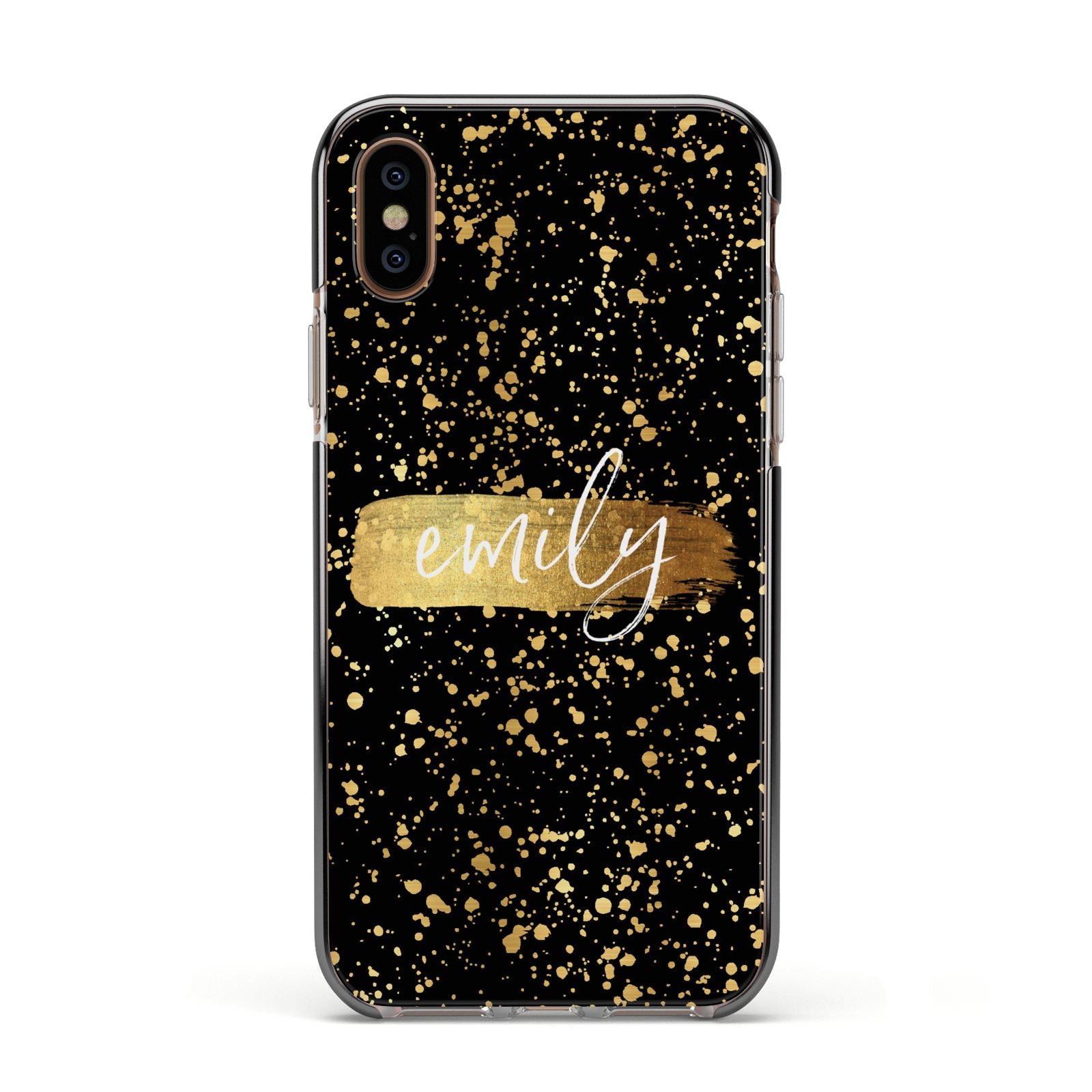 Personalised Black Gold Ink Splat Name Apple iPhone Xs Impact Case Black Edge on Gold Phone