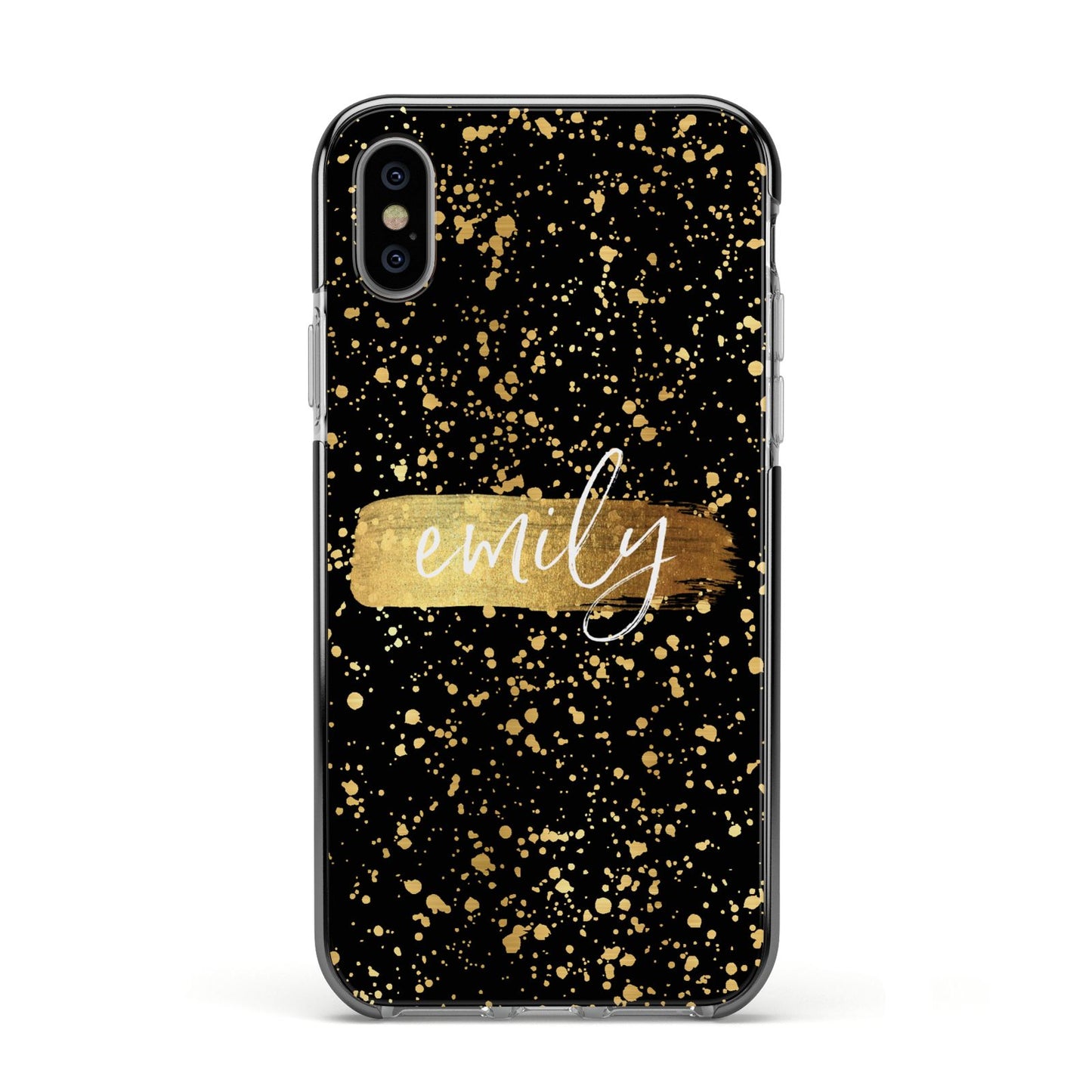 Personalised Black Gold Ink Splat Name Apple iPhone Xs Impact Case Black Edge on Silver Phone