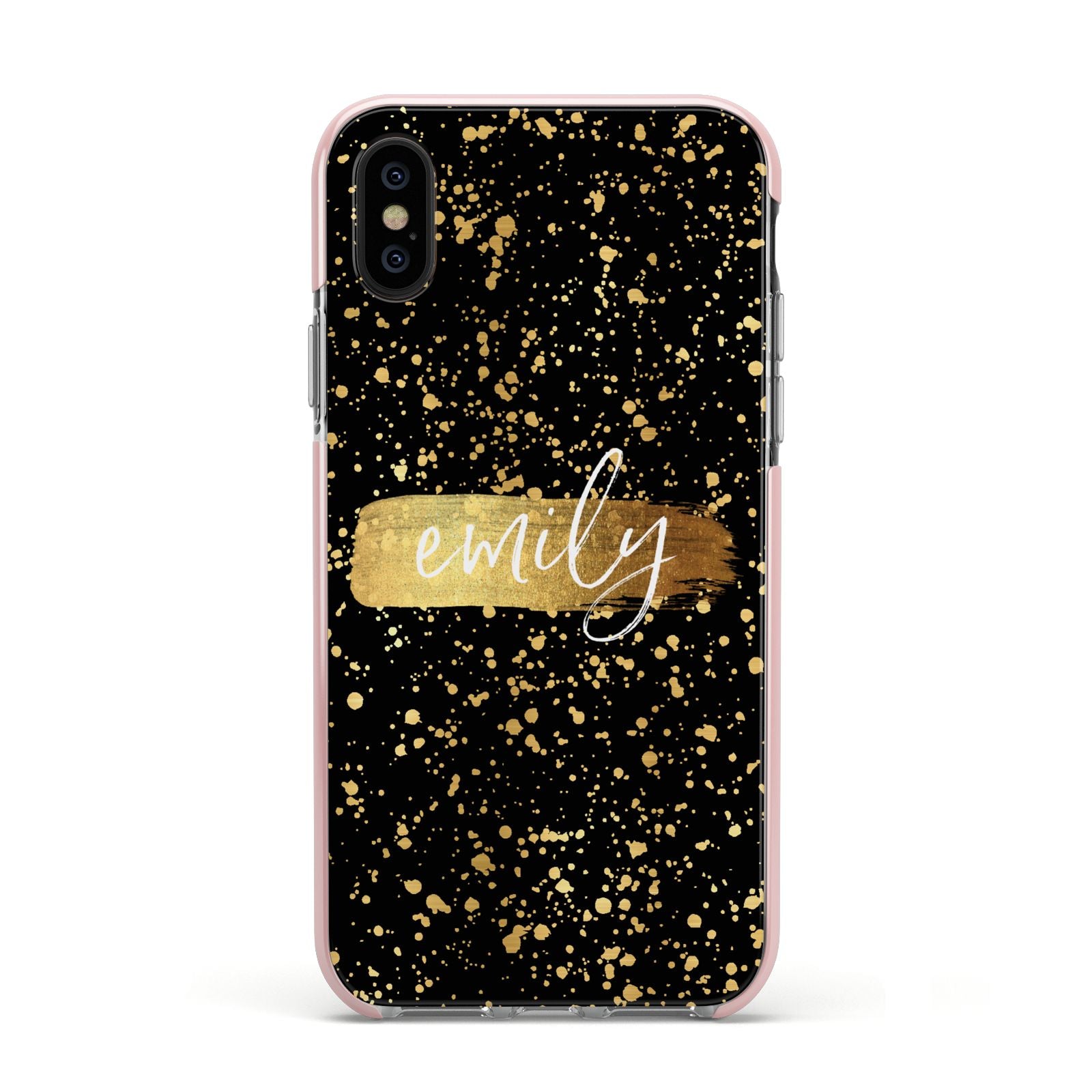 Personalised Black Gold Ink Splat Name Apple iPhone Xs Impact Case Pink Edge on Black Phone