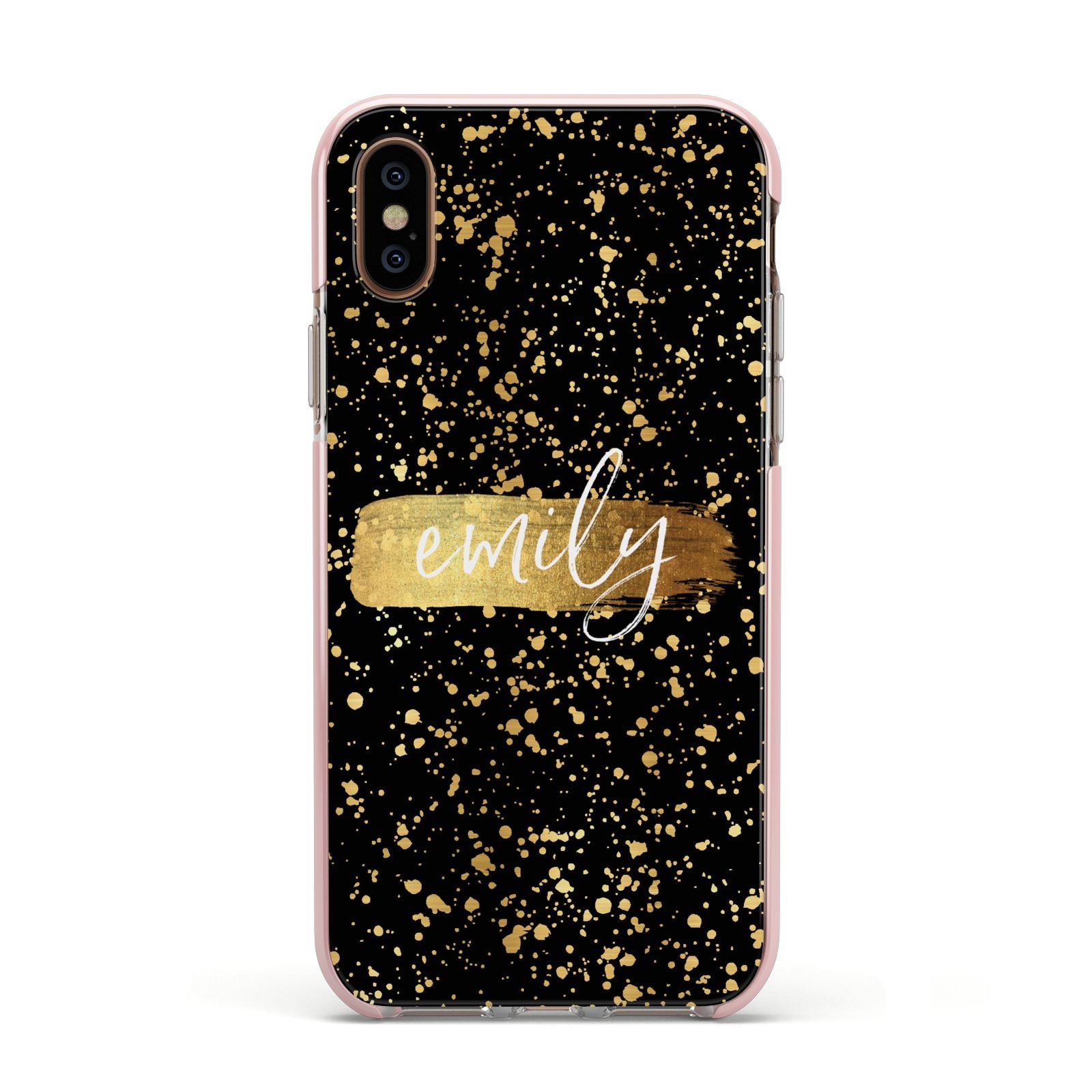 Personalised Black Gold Ink Splat Name Apple iPhone Xs Impact Case Pink Edge on Gold Phone