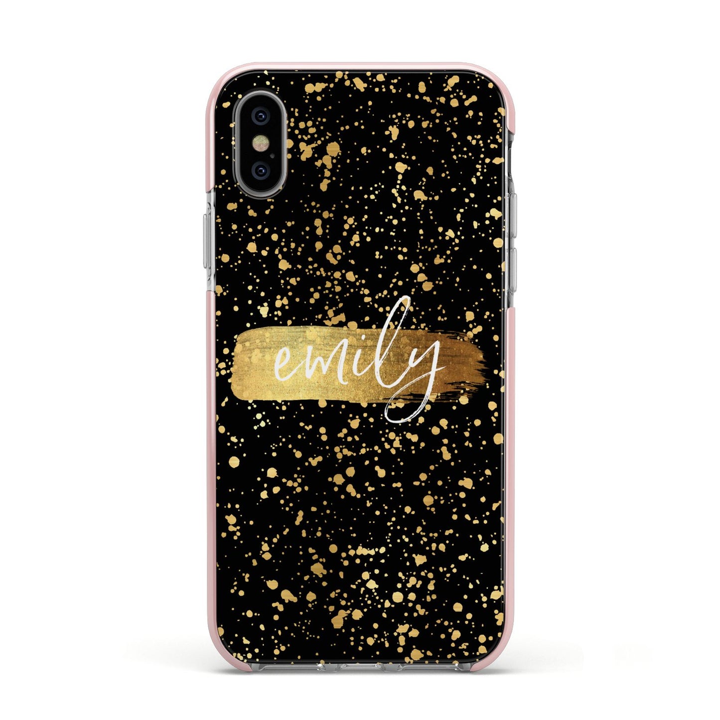 Personalised Black Gold Ink Splat Name Apple iPhone Xs Impact Case Pink Edge on Silver Phone