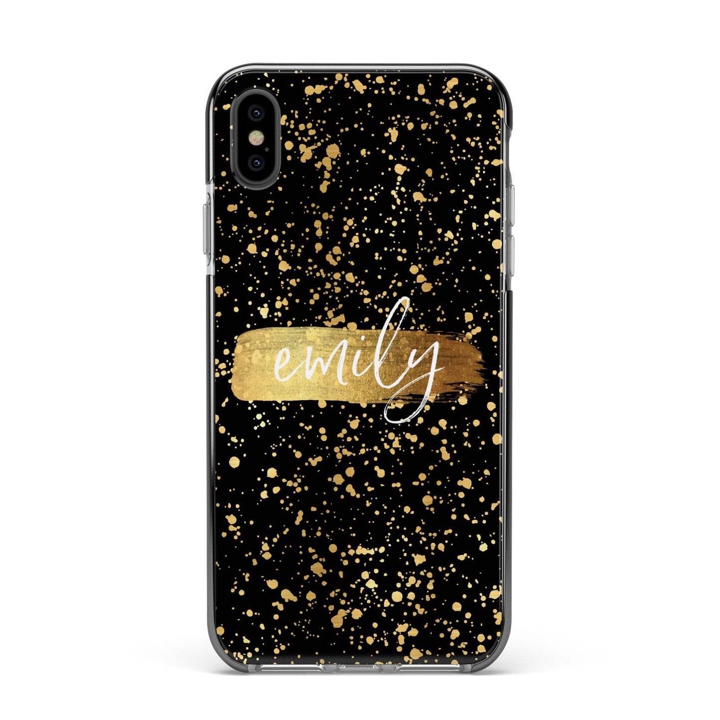 Personalised Black Gold Ink Splat Name Apple iPhone Xs Max Impact Case Black Edge on Black Phone