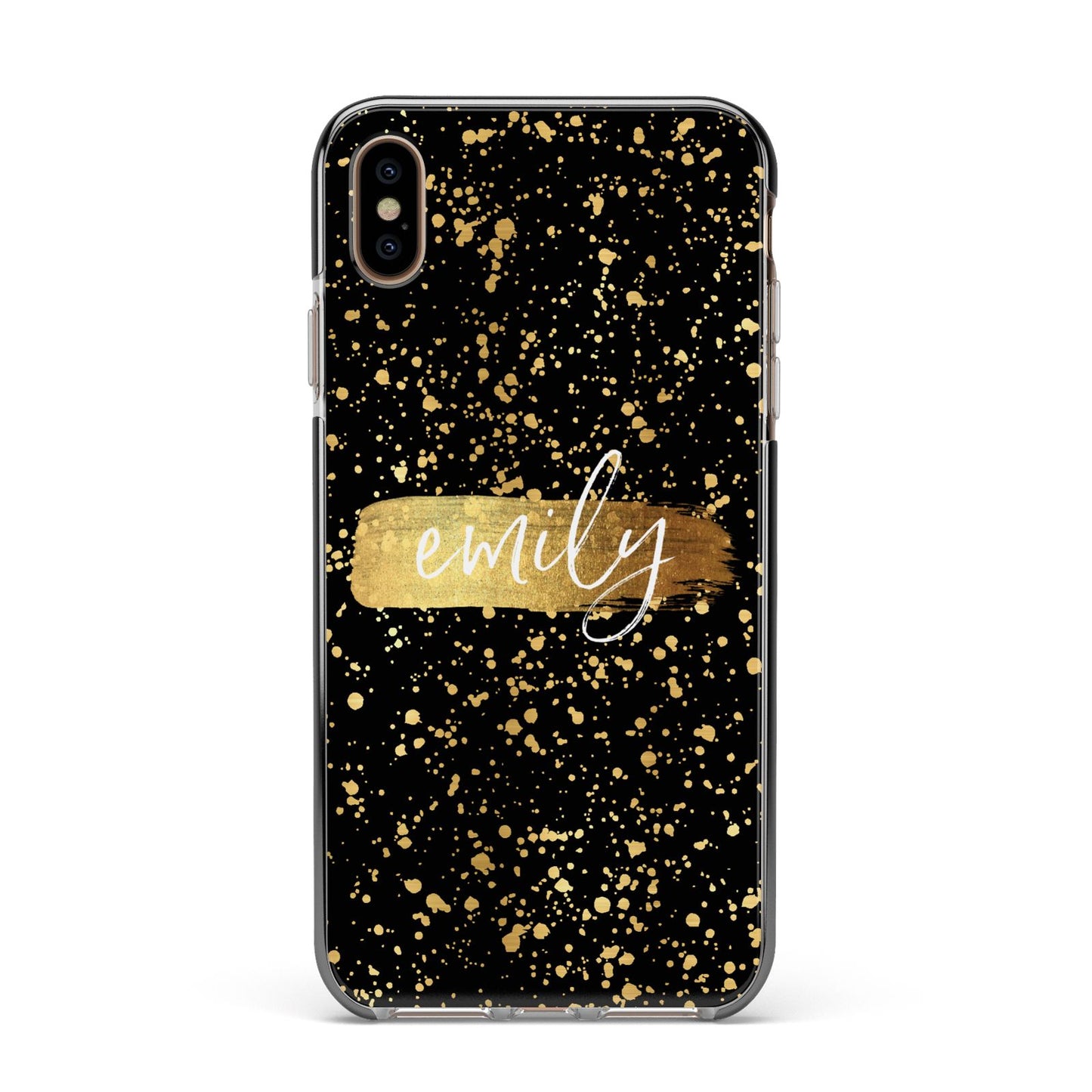 Personalised Black Gold Ink Splat Name Apple iPhone Xs Max Impact Case Black Edge on Gold Phone