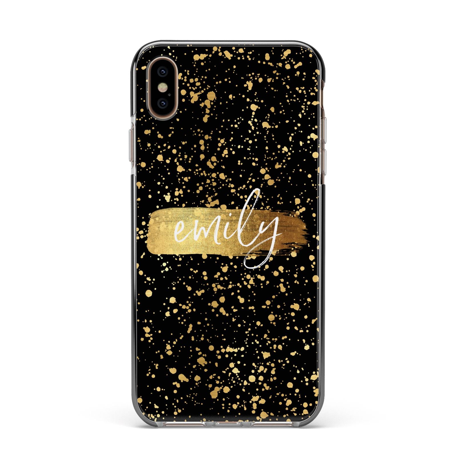 Personalised Black Gold Ink Splat Name Apple iPhone Xs Max Impact Case Black Edge on Gold Phone