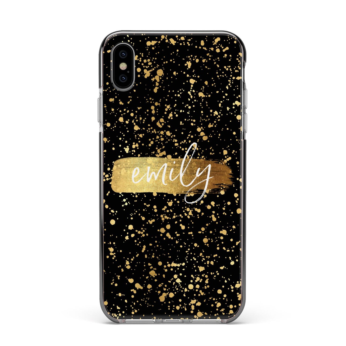 Personalised Black Gold Ink Splat Name Apple iPhone Xs Max Impact Case Black Edge on Silver Phone