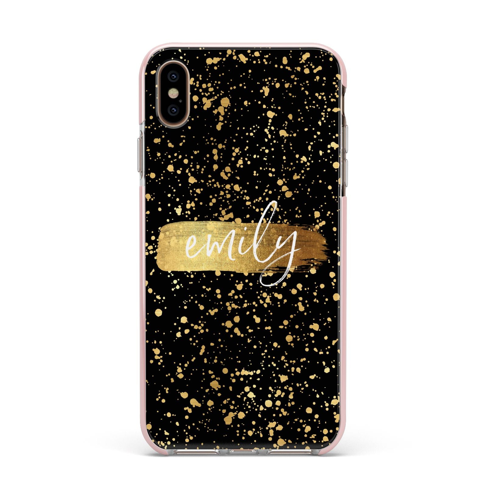 Personalised Black Gold Ink Splat Name Apple iPhone Xs Max Impact Case Pink Edge on Gold Phone