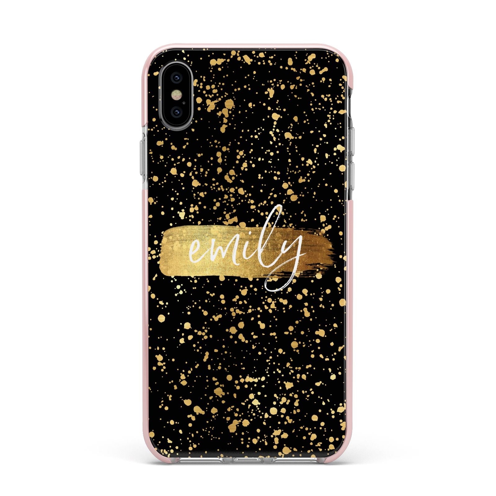 Personalised Black Gold Ink Splat Name Apple iPhone Xs Max Impact Case Pink Edge on Silver Phone